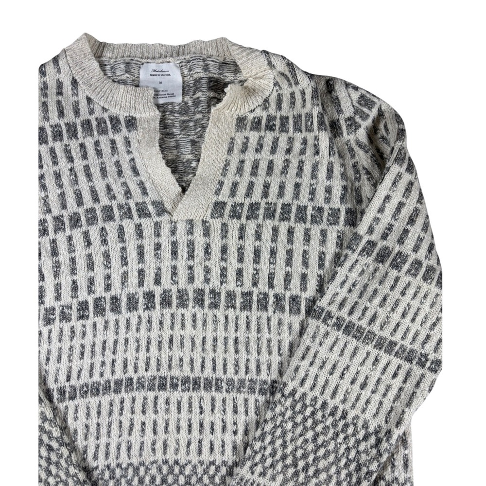 Billy Reid Heirloom Grey Ivory Geometric Knit Split Neck Sweater Made in USA M